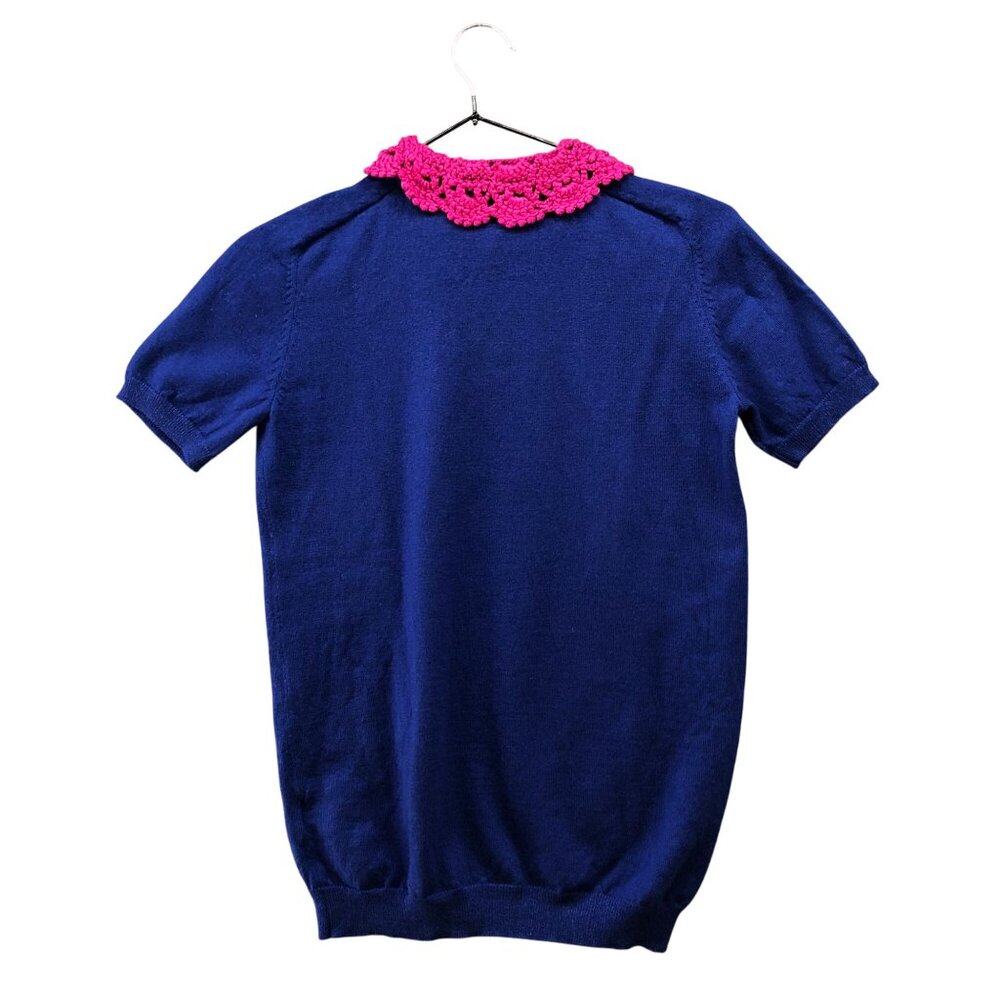 Sibling London Merino Wool Short Sleeve Sweater Women M Crochet Collar Blue Pink - Picture 2 of 8